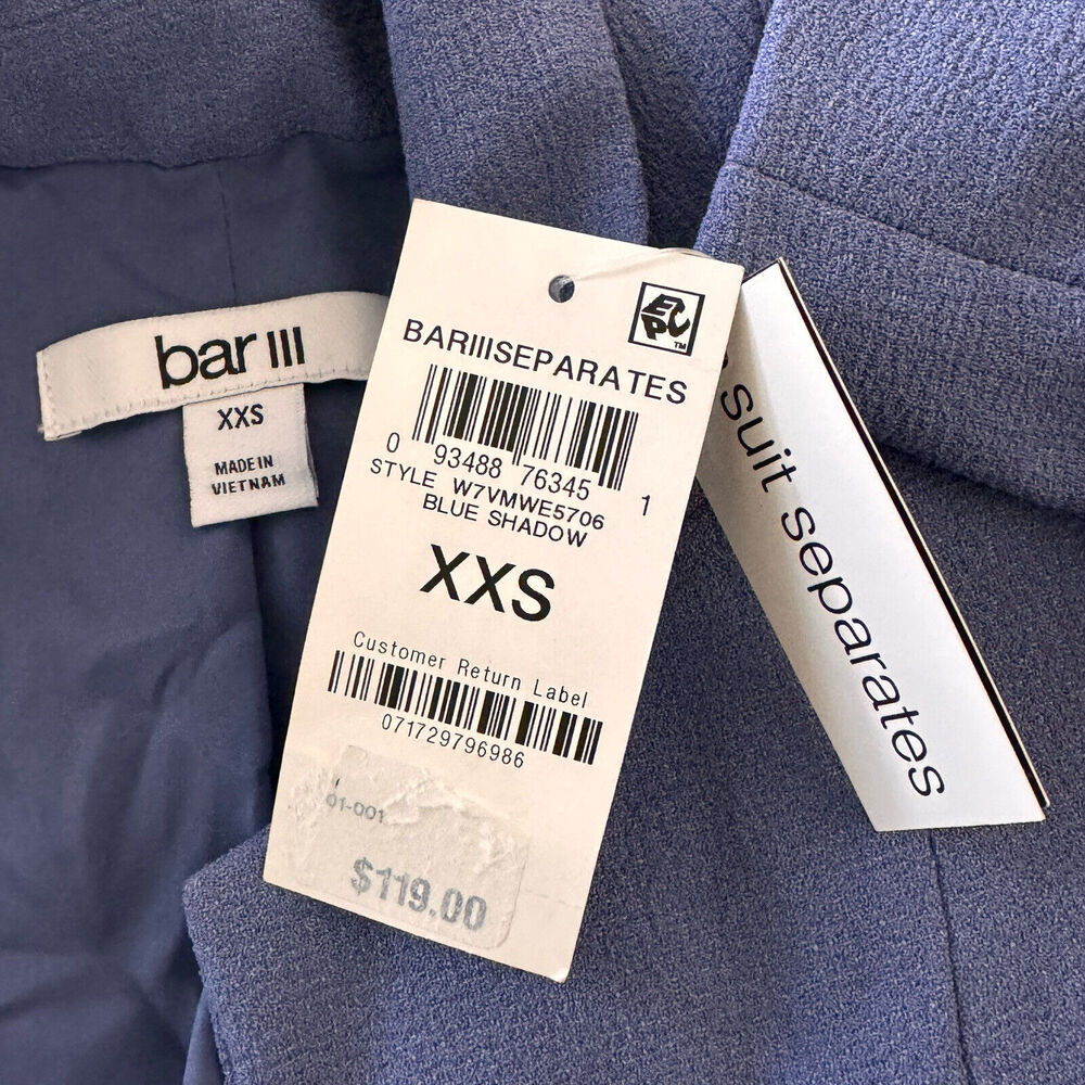 Bar III XX-Small Blazer Jacket Open Front 3/4 Sleeve Lined Pockets Collared Blue - Picture 7 of 9